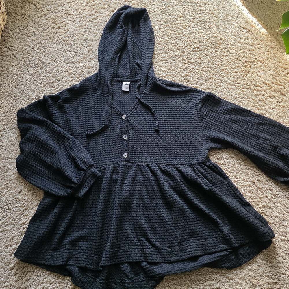 Black Hooded Button-Up Top